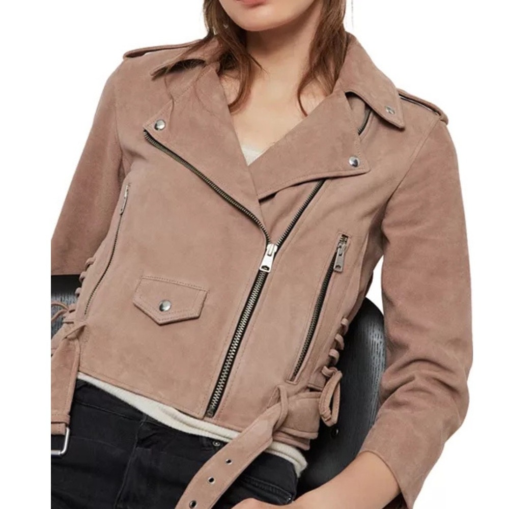 AllSaints Layla Biker Jacket Fig Pink 100% Goat Leather Moto Women Size US 2 NWT
